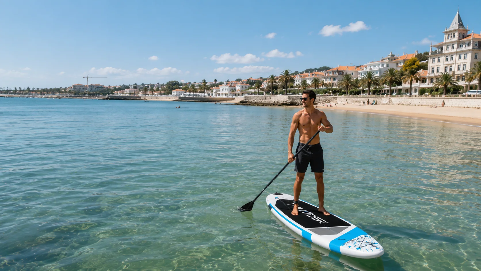 Pessoa a praticar stand up paddle na Baía de Cascais